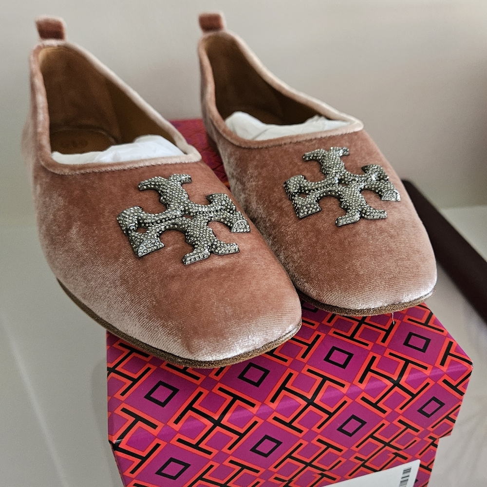 Tory Burch Velvet Crystal Ballet Flats US 7.5 Meadowsweet pink